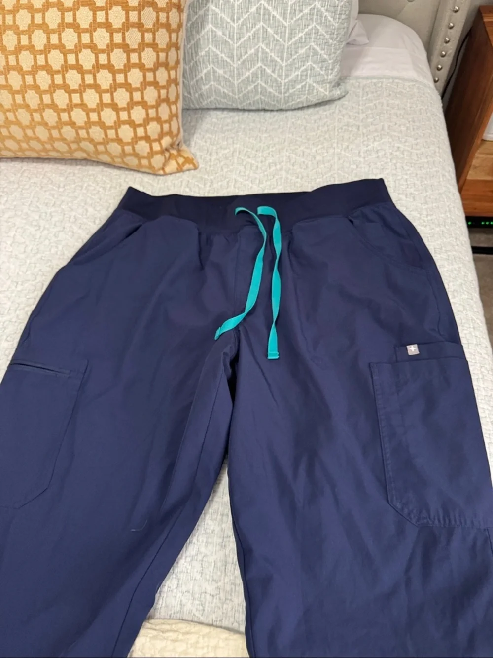Men's FIGS Navy Utility Pants with Teal Drawstring